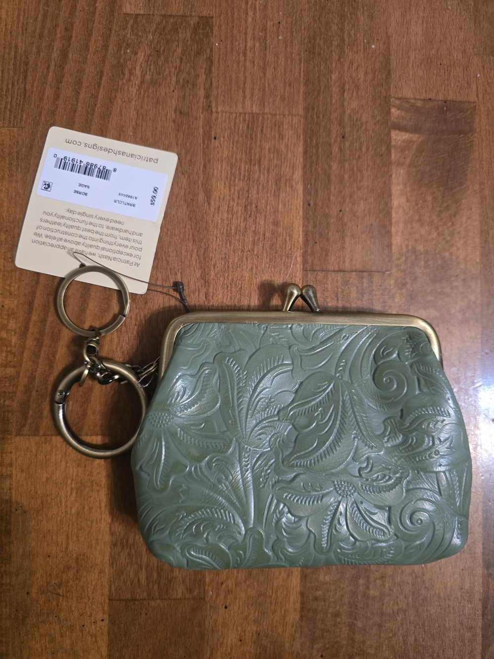 Patricia Nash Sage Green Embossed Kiss-Lock Coin Purse with Keyring